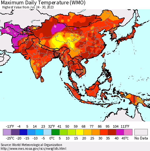 Asia Maximum Daily Temperature (WMO) Thematic Map For 7/24/2023 - 7/30/2023