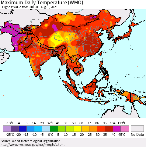 Asia Maximum Daily Temperature (WMO) Thematic Map For 7/31/2023 - 8/6/2023