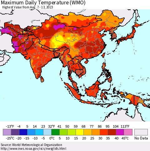 Asia Maximum Daily Temperature (WMO) Thematic Map For 8/7/2023 - 8/13/2023