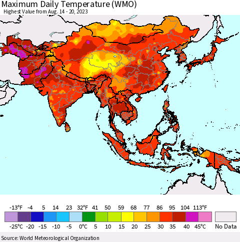 Asia Maximum Daily Temperature (WMO) Thematic Map For 8/14/2023 - 8/20/2023