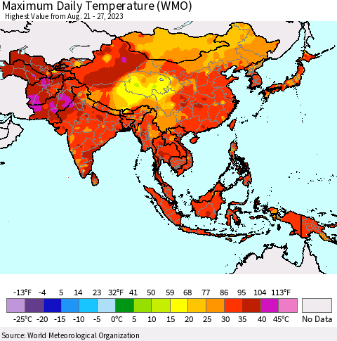Asia Maximum Daily Temperature (WMO) Thematic Map For 8/21/2023 - 8/27/2023