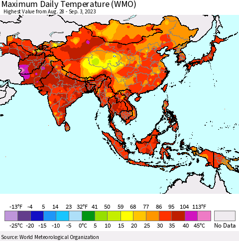 Asia Maximum Daily Temperature (WMO) Thematic Map For 8/28/2023 - 9/3/2023