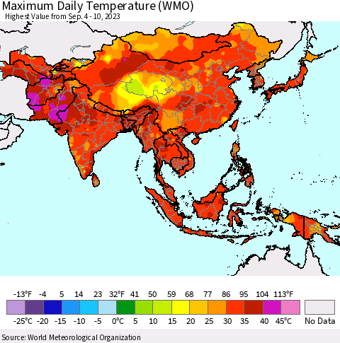 Asia Maximum Daily Temperature (WMO) Thematic Map For 9/4/2023 - 9/10/2023