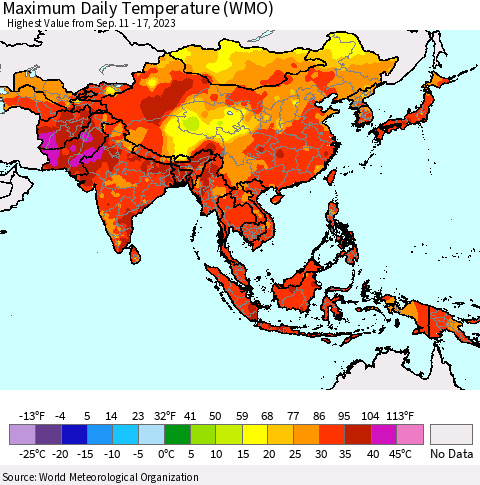 Asia Maximum Daily Temperature (WMO) Thematic Map For 9/11/2023 - 9/17/2023