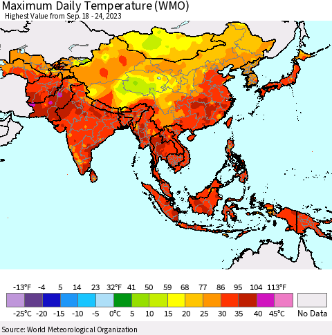 Asia Maximum Daily Temperature (WMO) Thematic Map For 9/18/2023 - 9/24/2023