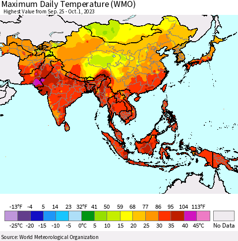 Asia Maximum Daily Temperature (WMO) Thematic Map For 9/25/2023 - 10/1/2023