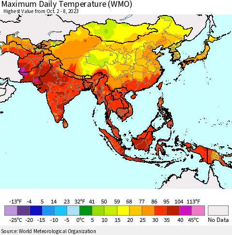 Asia Maximum Daily Temperature (WMO) Thematic Map For 10/2/2023 - 10/8/2023