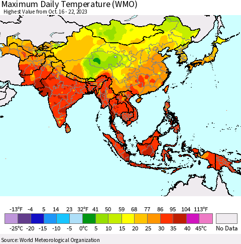 Asia Maximum Daily Temperature (WMO) Thematic Map For 10/16/2023 - 10/22/2023