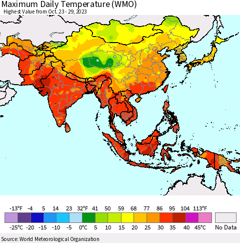 Asia Maximum Daily Temperature (WMO) Thematic Map For 10/23/2023 - 10/29/2023