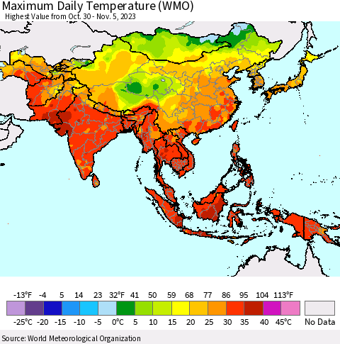 Asia Maximum Daily Temperature (WMO) Thematic Map For 10/30/2023 - 11/5/2023