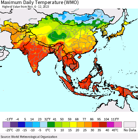 Asia Maximum Daily Temperature (WMO) Thematic Map For 11/6/2023 - 11/12/2023