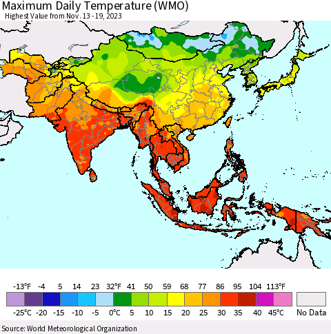 Asia Maximum Daily Temperature (WMO) Thematic Map For 11/13/2023 - 11/19/2023