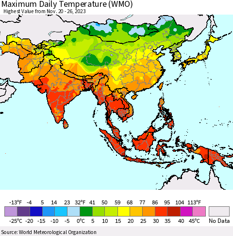 Asia Maximum Daily Temperature (WMO) Thematic Map For 11/20/2023 - 11/26/2023
