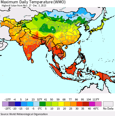 Asia Maximum Daily Temperature (WMO) Thematic Map For 11/27/2023 - 12/3/2023