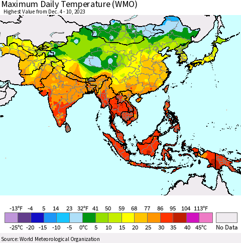 Asia Maximum Daily Temperature (WMO) Thematic Map For 12/4/2023 - 12/10/2023