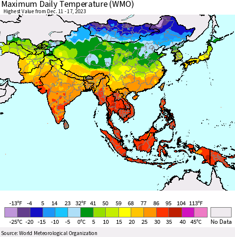 Asia Maximum Daily Temperature (WMO) Thematic Map For 12/11/2023 - 12/17/2023