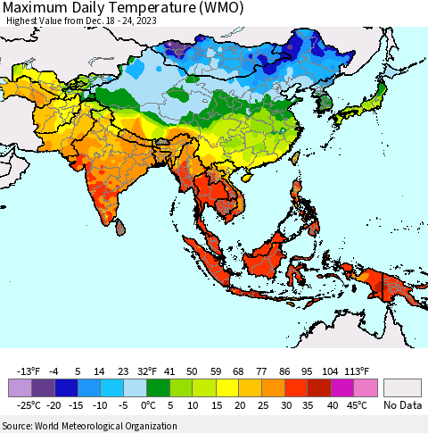 Asia Maximum Daily Temperature (WMO) Thematic Map For 12/18/2023 - 12/24/2023