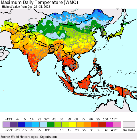 Asia Maximum Daily Temperature (WMO) Thematic Map For 12/25/2023 - 12/31/2023