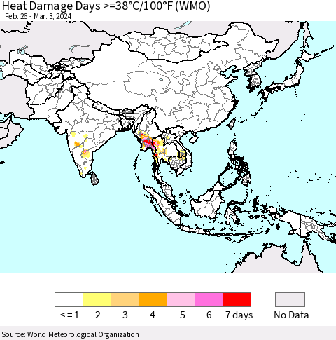 Asia Heat Damage Days >=38°C/100°F (WMO) Thematic Map For 2/26/2024 - 3/3/2024