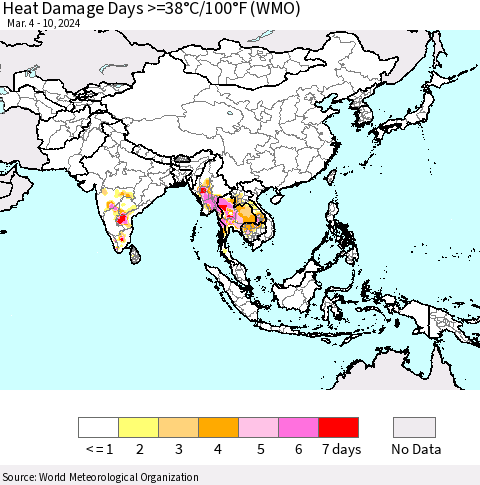 Asia Heat Damage Days >=38°C/100°F (WMO) Thematic Map For 3/4/2024 - 3/10/2024
