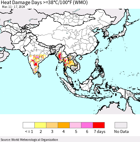 Asia Heat Damage Days >=38°C/100°F (WMO) Thematic Map For 3/11/2024 - 3/17/2024