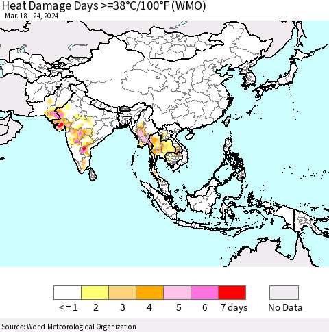 Asia Heat Damage Days >=38°C/100°F (WMO) Thematic Map For 3/18/2024 - 3/24/2024