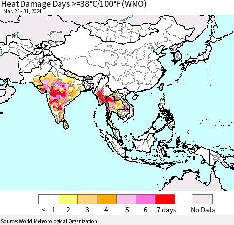 Asia Heat Damage Days >=38°C/100°F (WMO) Thematic Map For 3/25/2024 - 3/31/2024