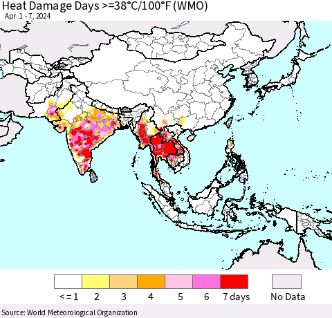 Asia Heat Damage Days >=38°C/100°F (WMO) Thematic Map For 4/1/2024 - 4/7/2024