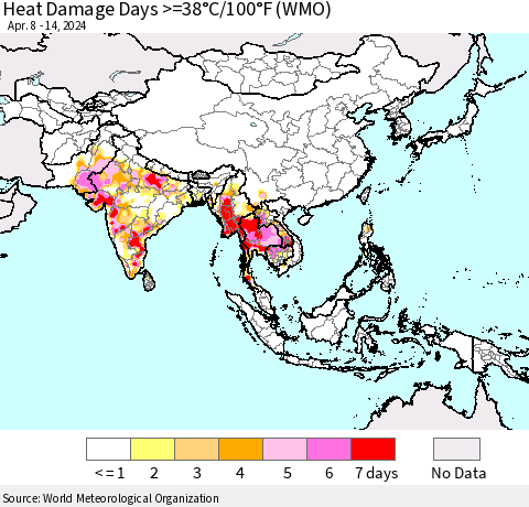 Asia Heat Damage Days >=38°C/100°F (WMO) Thematic Map For 4/8/2024 - 4/14/2024