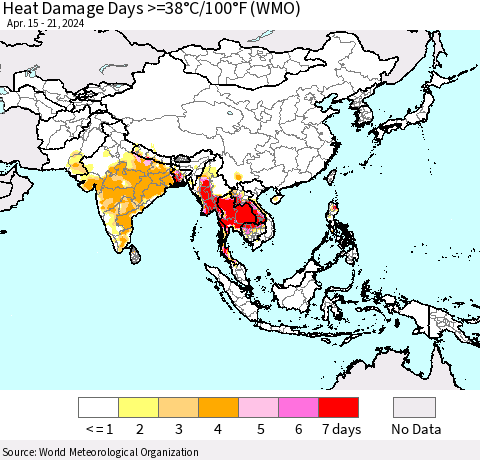 Asia Heat Damage Days >=38°C/100°F (WMO) Thematic Map For 4/15/2024 - 4/21/2024