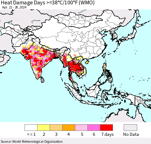 Asia Heat Damage Days >=38°C/100°F (WMO) Thematic Map For 4/22/2024 - 4/28/2024