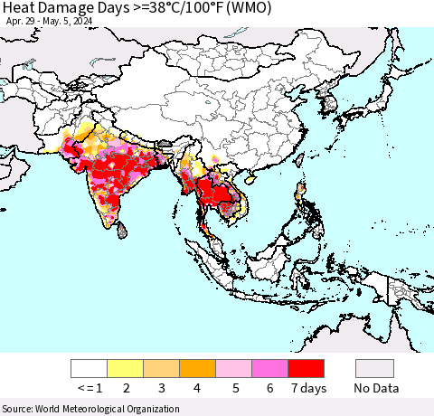 Asia Heat Damage Days >=38°C/100°F (WMO) Thematic Map For 4/29/2024 - 5/5/2024