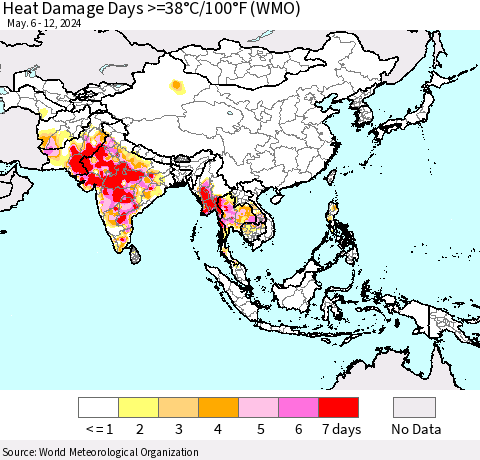 Asia Heat Damage Days >=38°C/100°F (WMO) Thematic Map For 5/6/2024 - 5/12/2024
