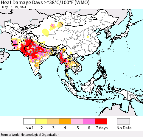 Asia Heat Damage Days >=38°C/100°F (WMO) Thematic Map For 5/13/2024 - 5/19/2024