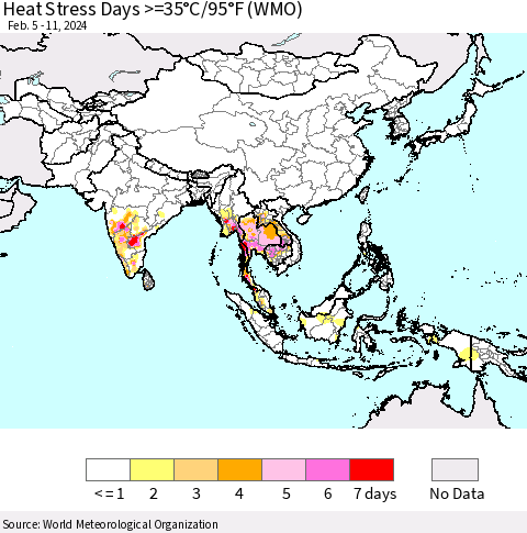 Asia Heat Stress Days >=35°C/95°F (WMO) Thematic Map For 2/5/2024 - 2/11/2024