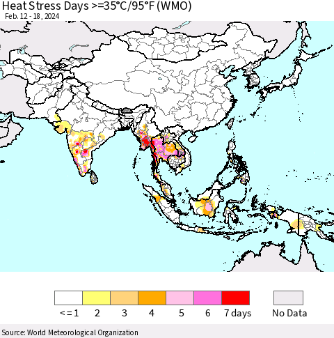 Asia Heat Stress Days >=35°C/95°F (WMO) Thematic Map For 2/12/2024 - 2/18/2024