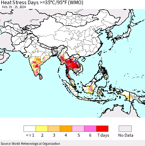 Asia Heat Stress Days >=35°C/95°F (WMO) Thematic Map For 2/19/2024 - 2/25/2024