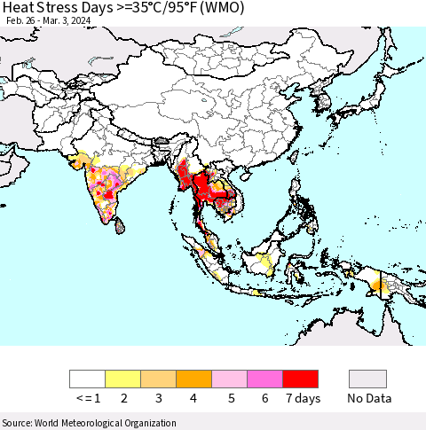 Asia Heat Stress Days >=35°C/95°F (WMO) Thematic Map For 2/26/2024 - 3/3/2024