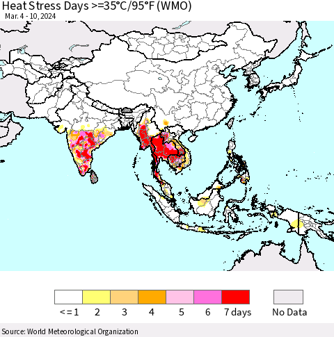 Asia Heat Stress Days >=35°C/95°F (WMO) Thematic Map For 3/4/2024 - 3/10/2024