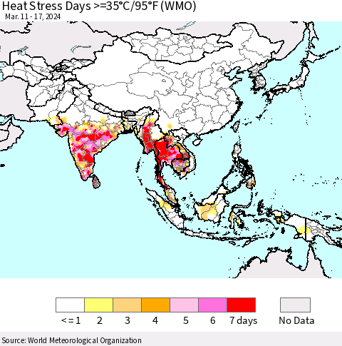 Asia Heat Stress Days >=35°C/95°F (WMO) Thematic Map For 3/11/2024 - 3/17/2024