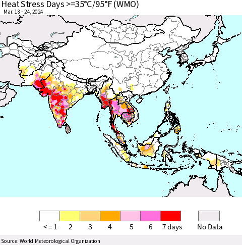 Asia Heat Stress Days >=35°C/95°F (WMO) Thematic Map For 3/18/2024 - 3/24/2024