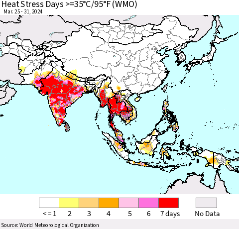 Asia Heat Stress Days >=35°C/95°F (WMO) Thematic Map For 3/25/2024 - 3/31/2024