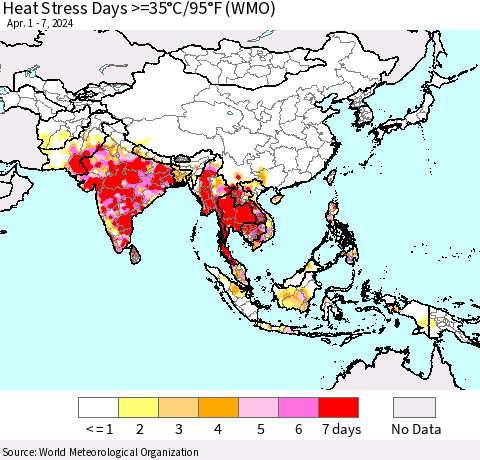Asia Heat Stress Days >=35°C/95°F (WMO) Thematic Map For 4/1/2024 - 4/7/2024