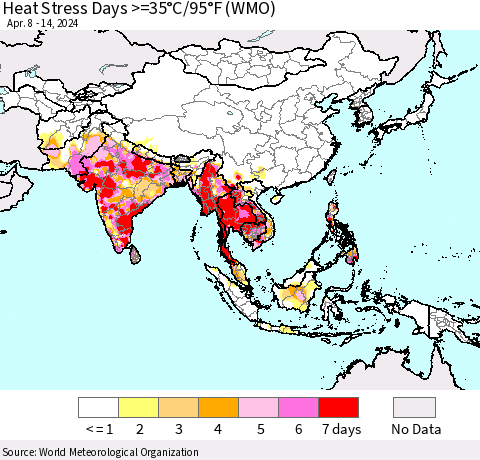 Asia Heat Stress Days >=35°C/95°F (WMO) Thematic Map For 4/8/2024 - 4/14/2024