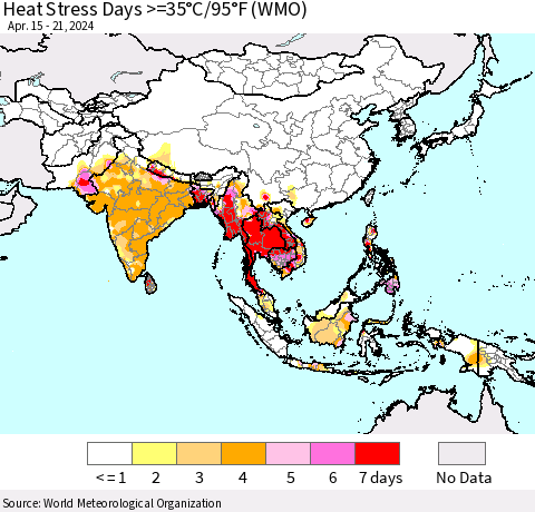 Asia Heat Stress Days >=35°C/95°F (WMO) Thematic Map For 4/15/2024 - 4/21/2024
