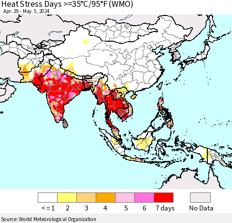 Asia Heat Stress Days >=35°C/95°F (WMO) Thematic Map For 4/29/2024 - 5/5/2024