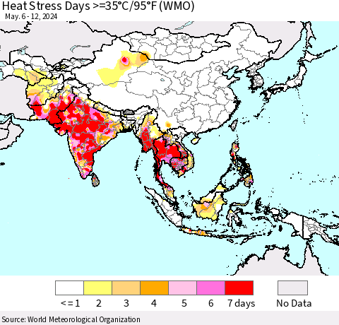 Asia Heat Stress Days >=35°C/95°F (WMO) Thematic Map For 5/6/2024 - 5/12/2024