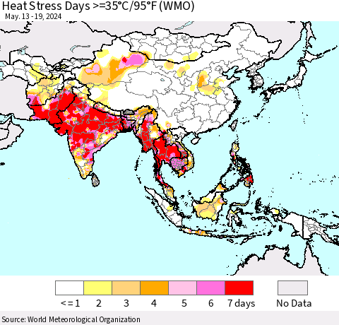 Asia Heat Stress Days >=35°C/95°F (WMO) Thematic Map For 5/13/2024 - 5/19/2024