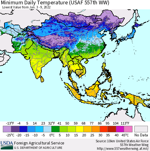 Asia Minimum Daily Temperature (USAF 557th WW) Thematic Map For 1/3/2022 - 1/9/2022