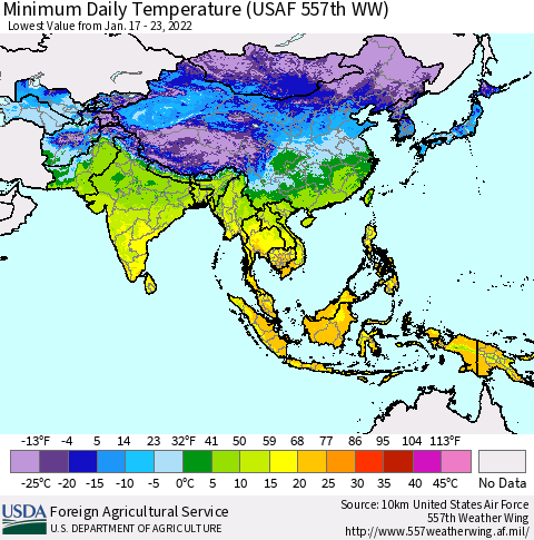Asia Minimum Daily Temperature (USAF 557th WW) Thematic Map For 1/17/2022 - 1/23/2022